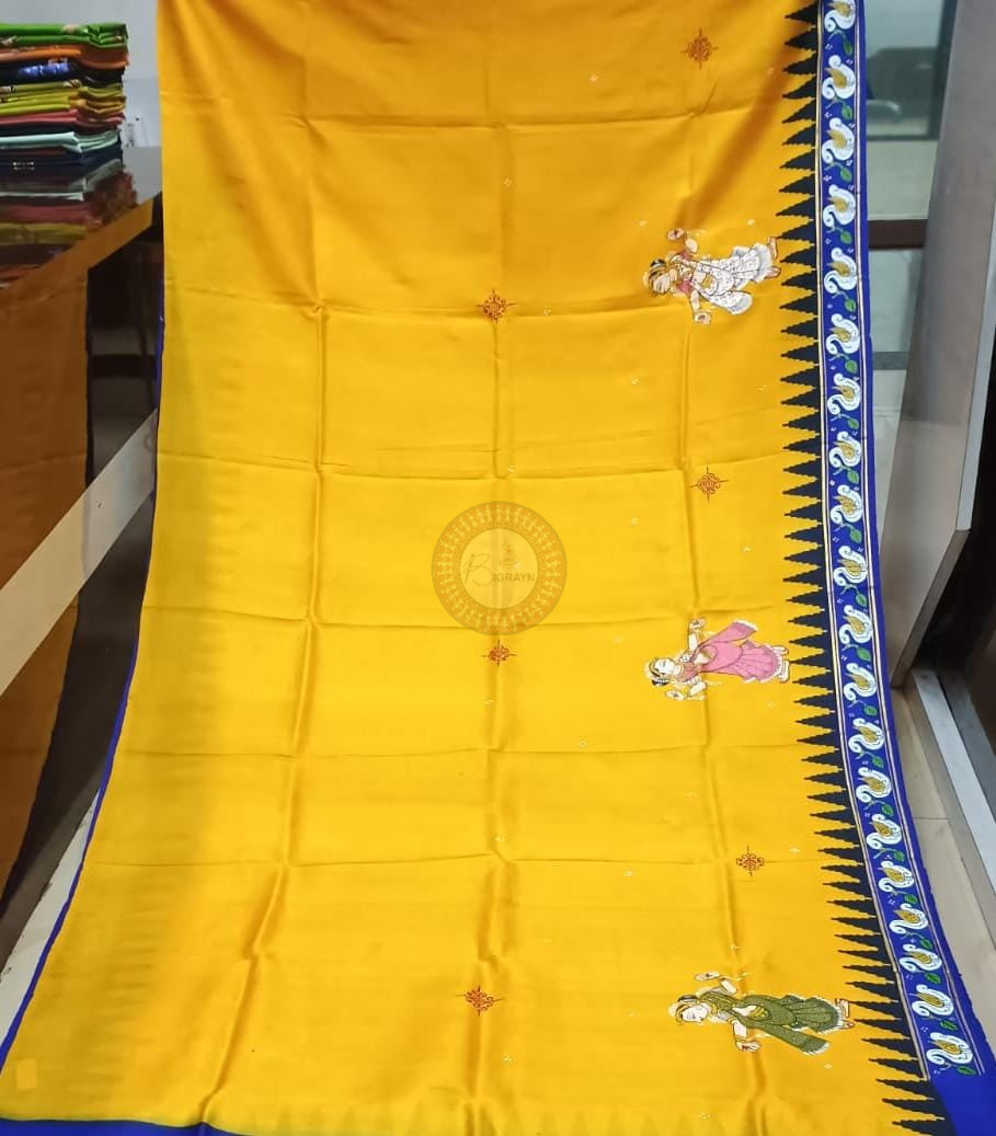 Yellow Blue Round Dancer Theme Pattachitra Raw Silk Saree