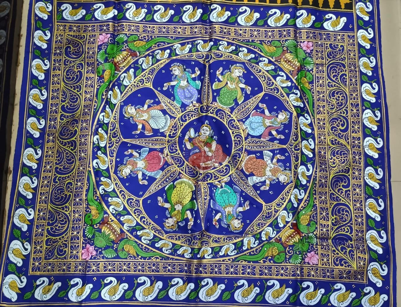 Yellow Blue Round Dancer Theme Pattachitra Raw Silk Saree