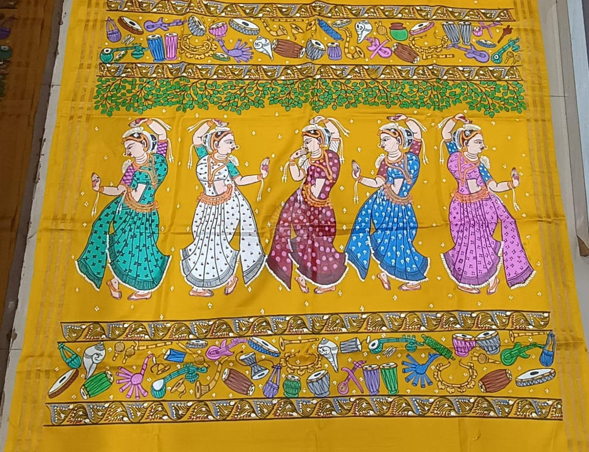 Yellow Odishi Dancer And Musical Instrument Theme Pattachitra Kanjeeveram Silk Saree