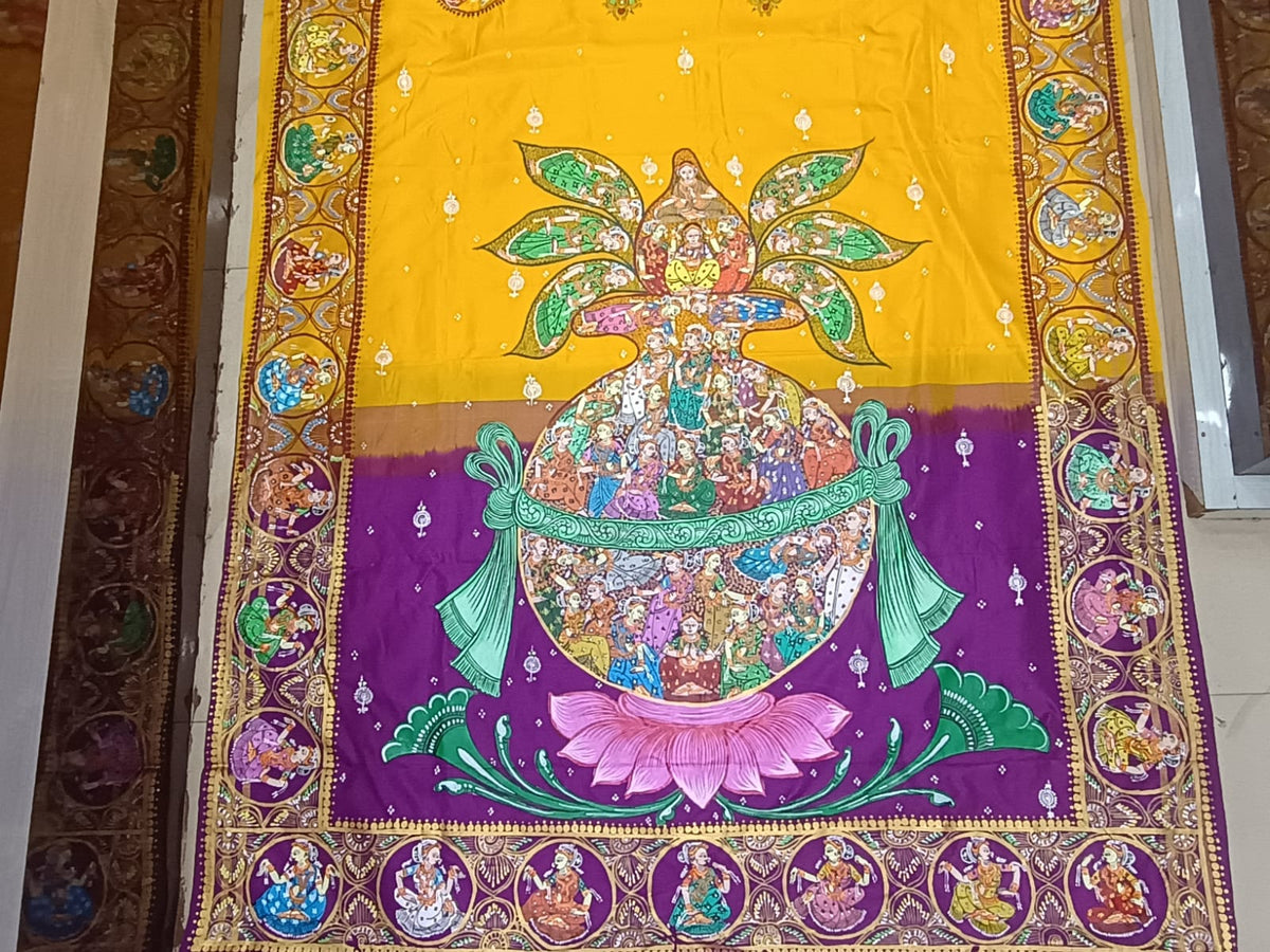 Yellow Purple Kandarp Kalashi Theme Pattachitra Kanjeeveram Silk Saree