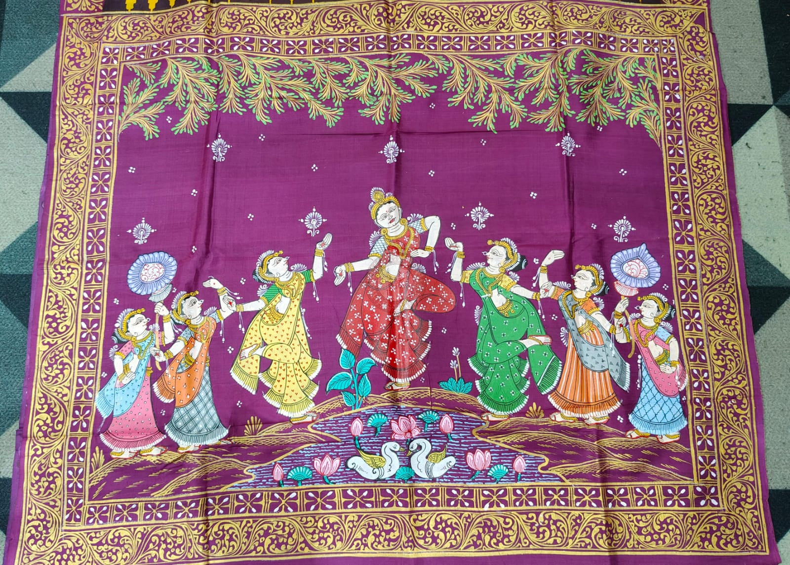 Yellow Purple Odissi Dancer Theme Pattachitra Raw Silk Saree
