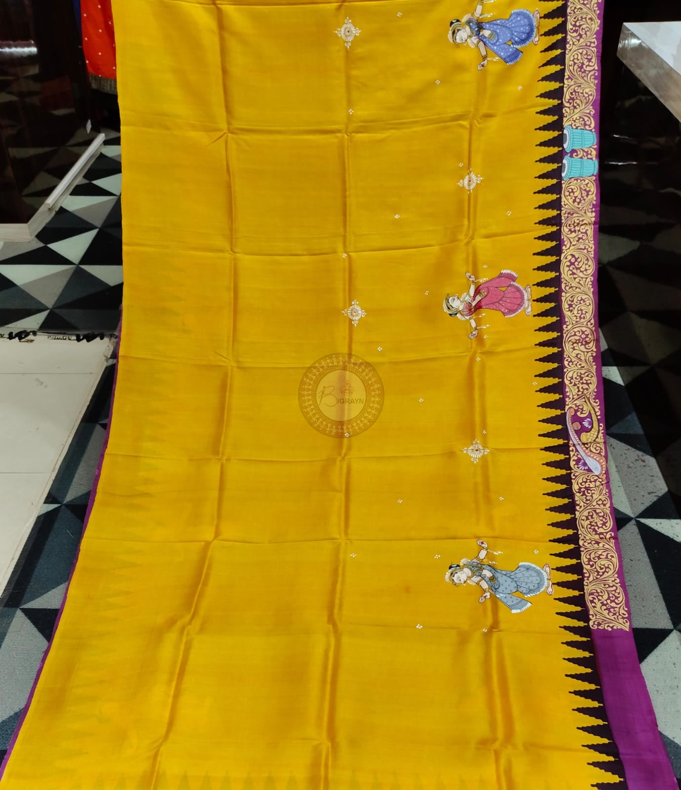 Yellow Purple Odissi Dancer Theme Pattachitra Raw Silk Saree