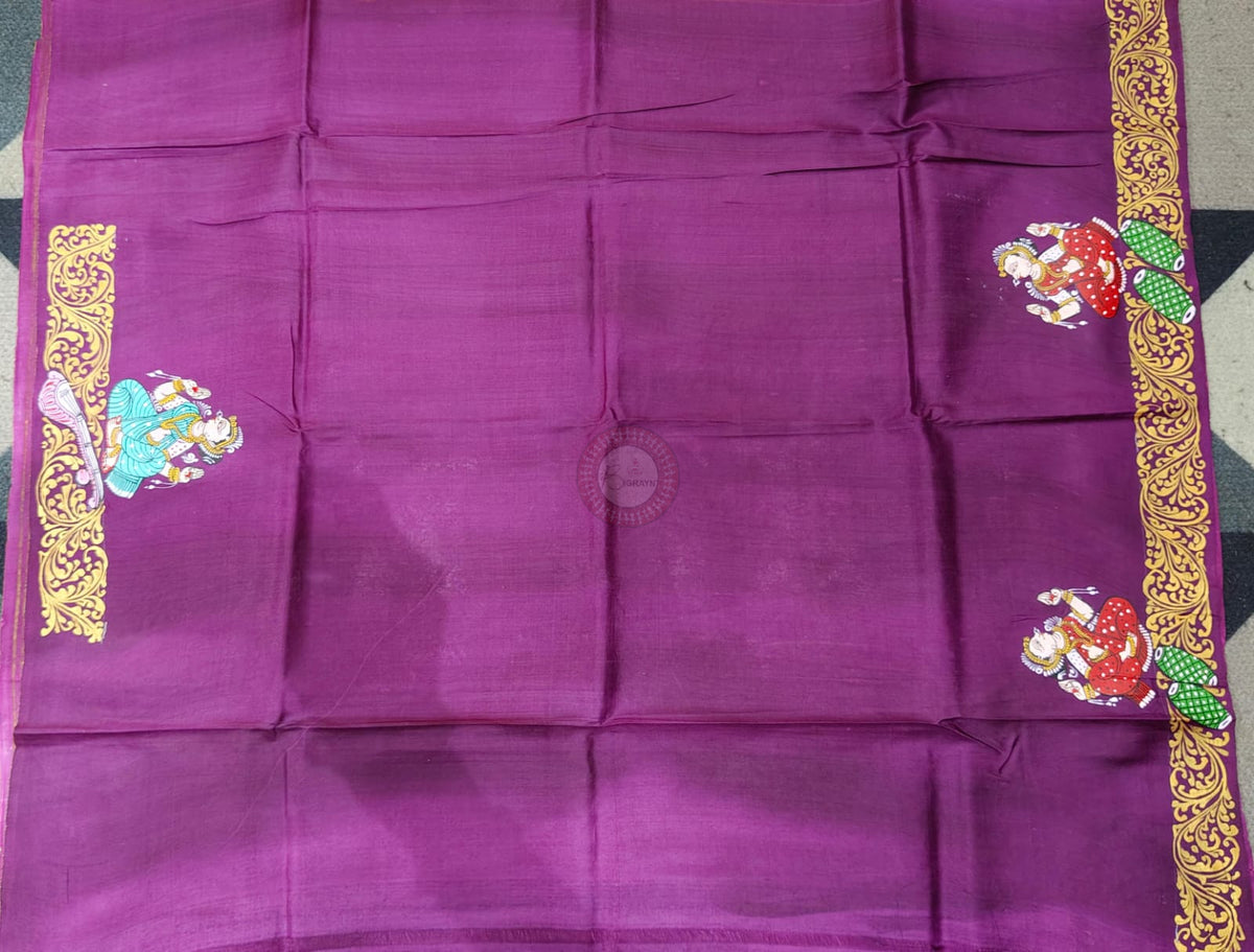 Yellow Purple Odissi Dancer Theme Pattachitra Raw Silk Saree