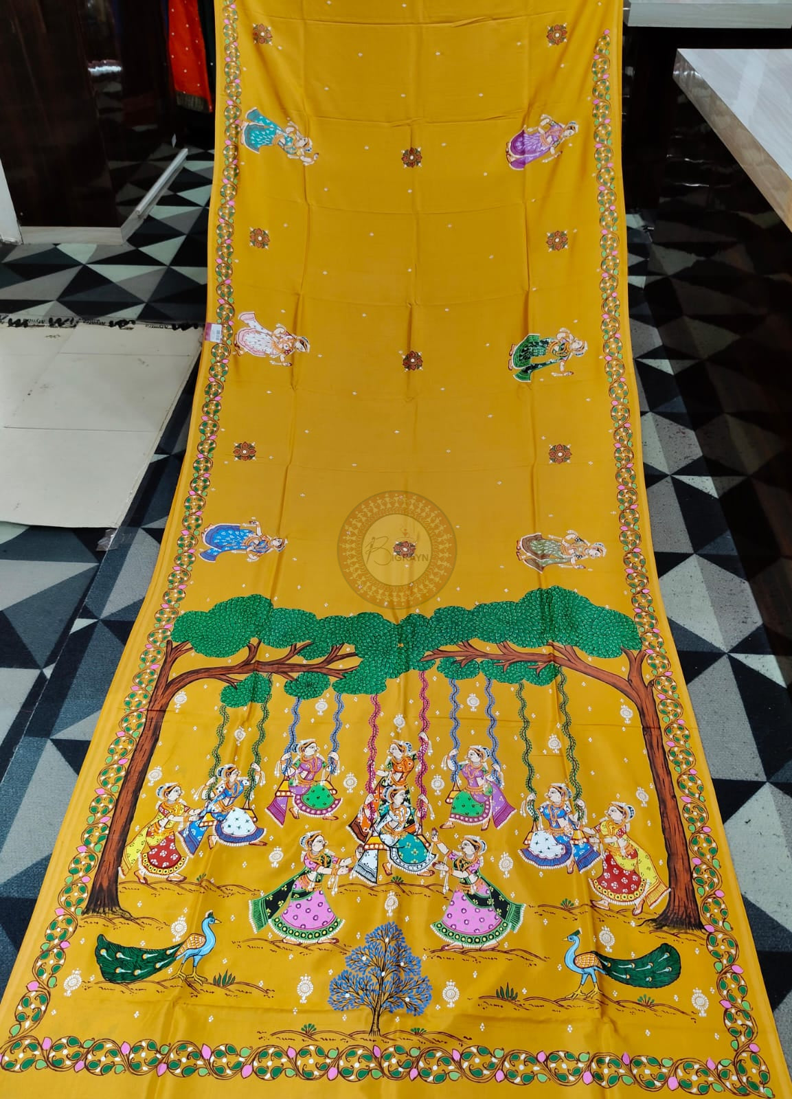 Yellow Raja Doli Theme Pattachitra Khadi Silk Saree