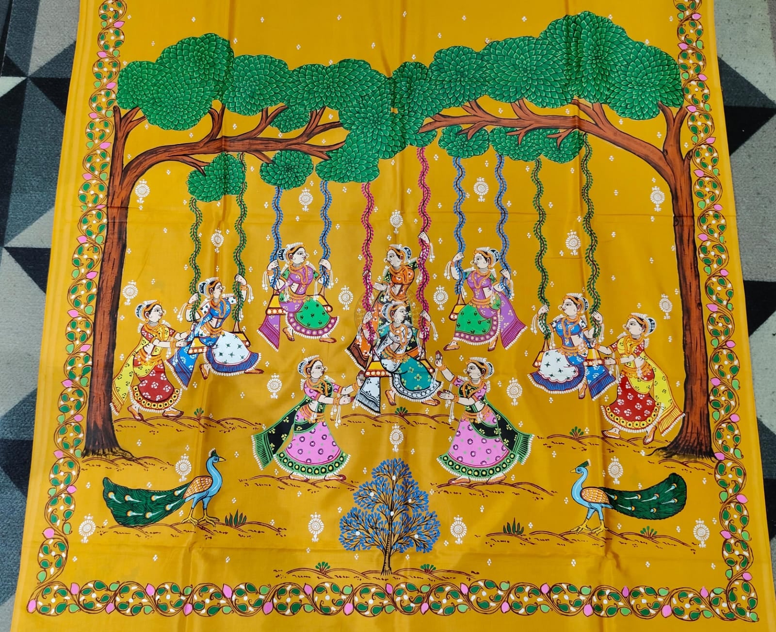 Yellow Raja Doli Theme Pattachitra Khadi Silk Saree