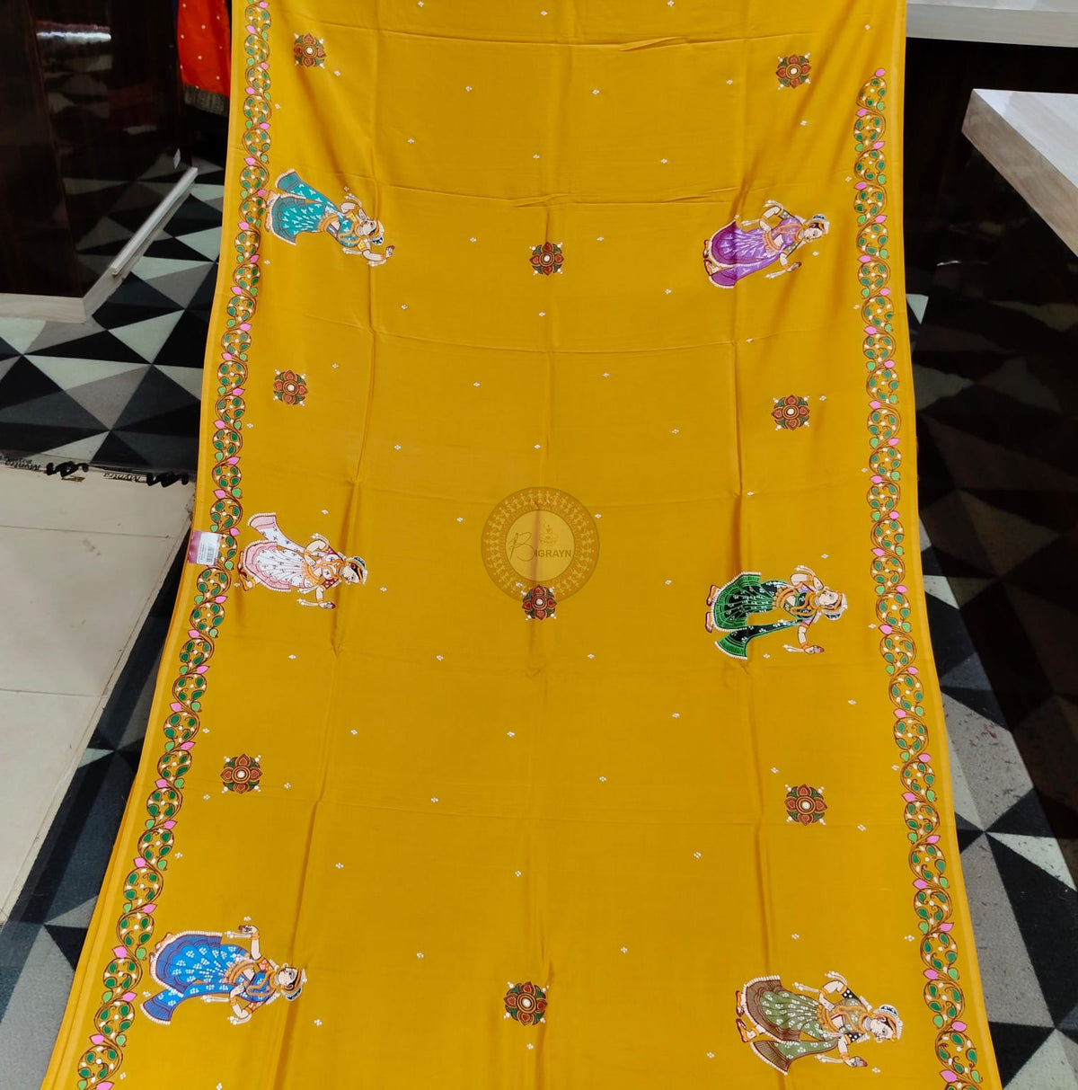 Yellow Raja Doli Theme Pattachitra Khadi Silk Saree