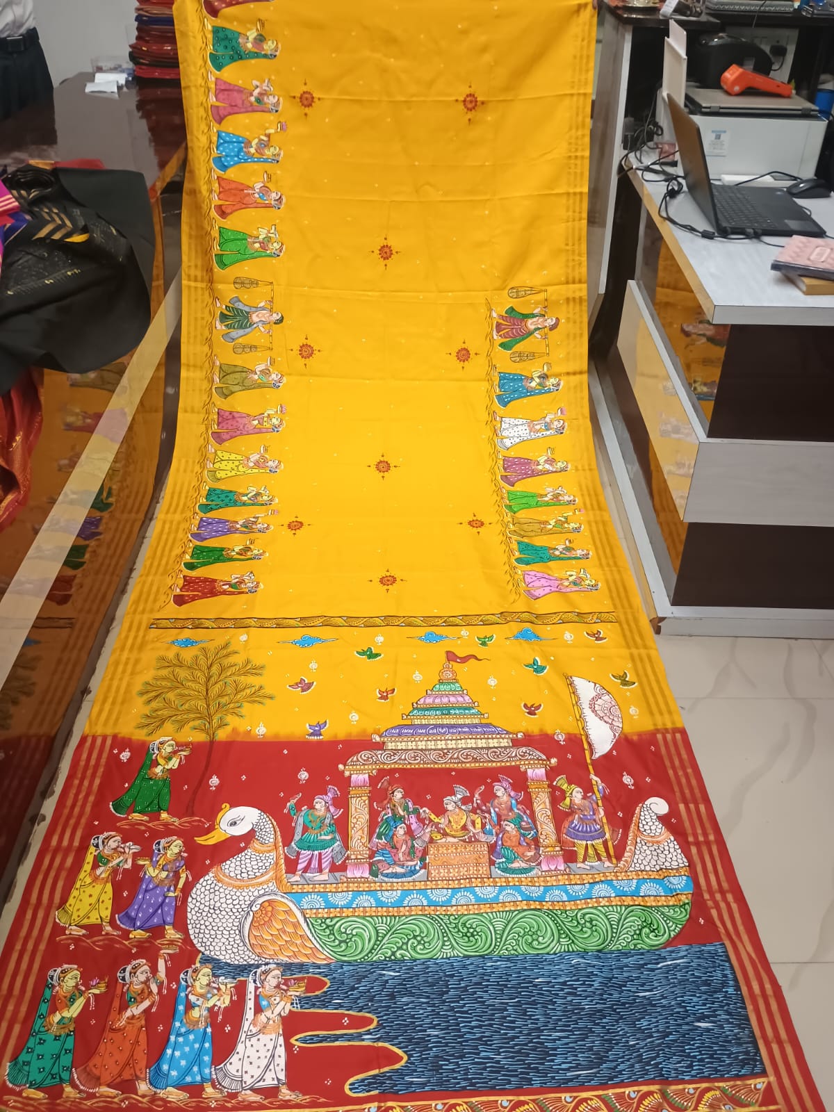 Yellow Red Boita Bandana Theme Pattachitra Kanjeeveram Silk Saree