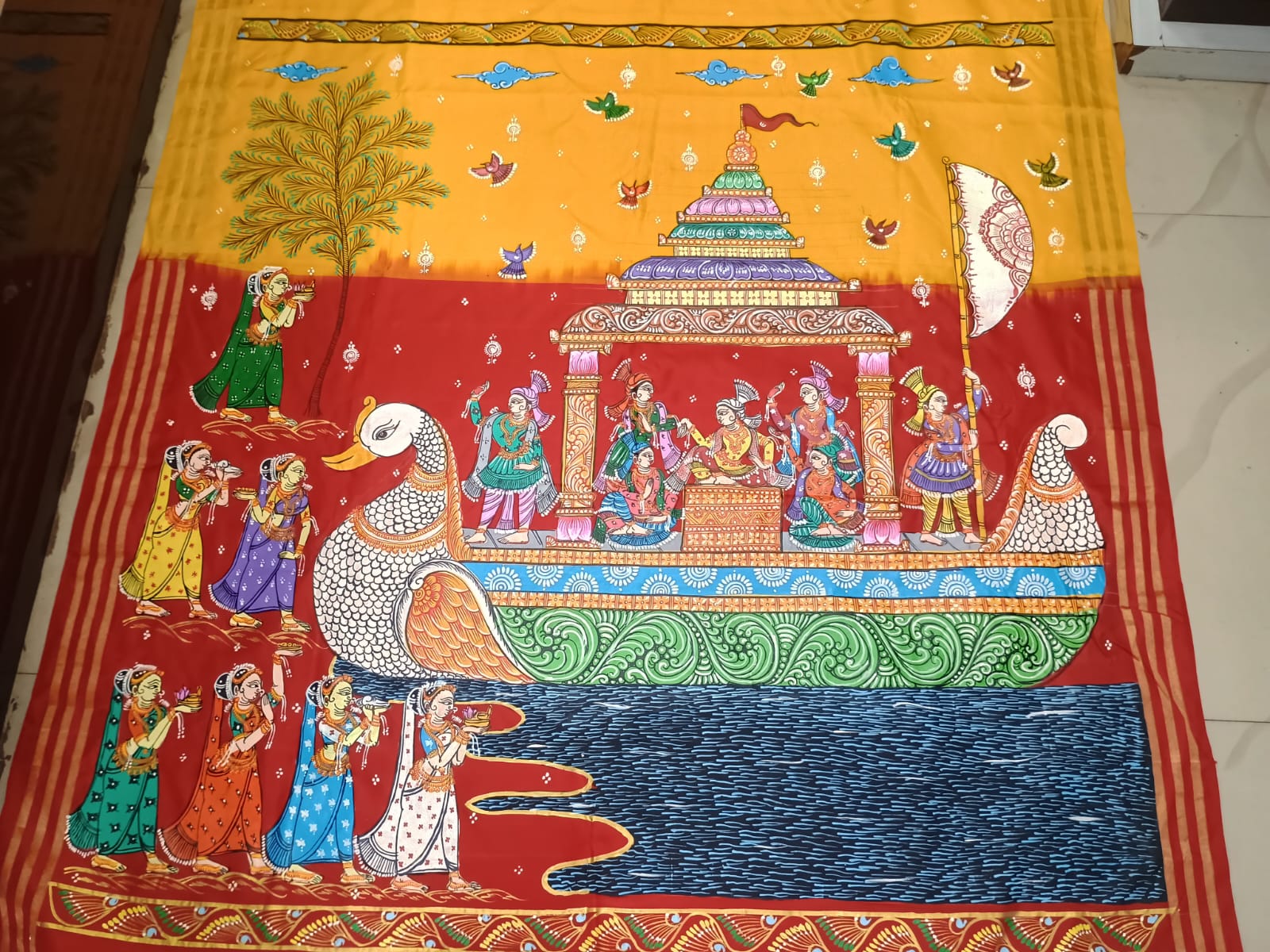 Yellow Red Boita Bandana Theme Pattachitra Kanjeeveram Silk Saree