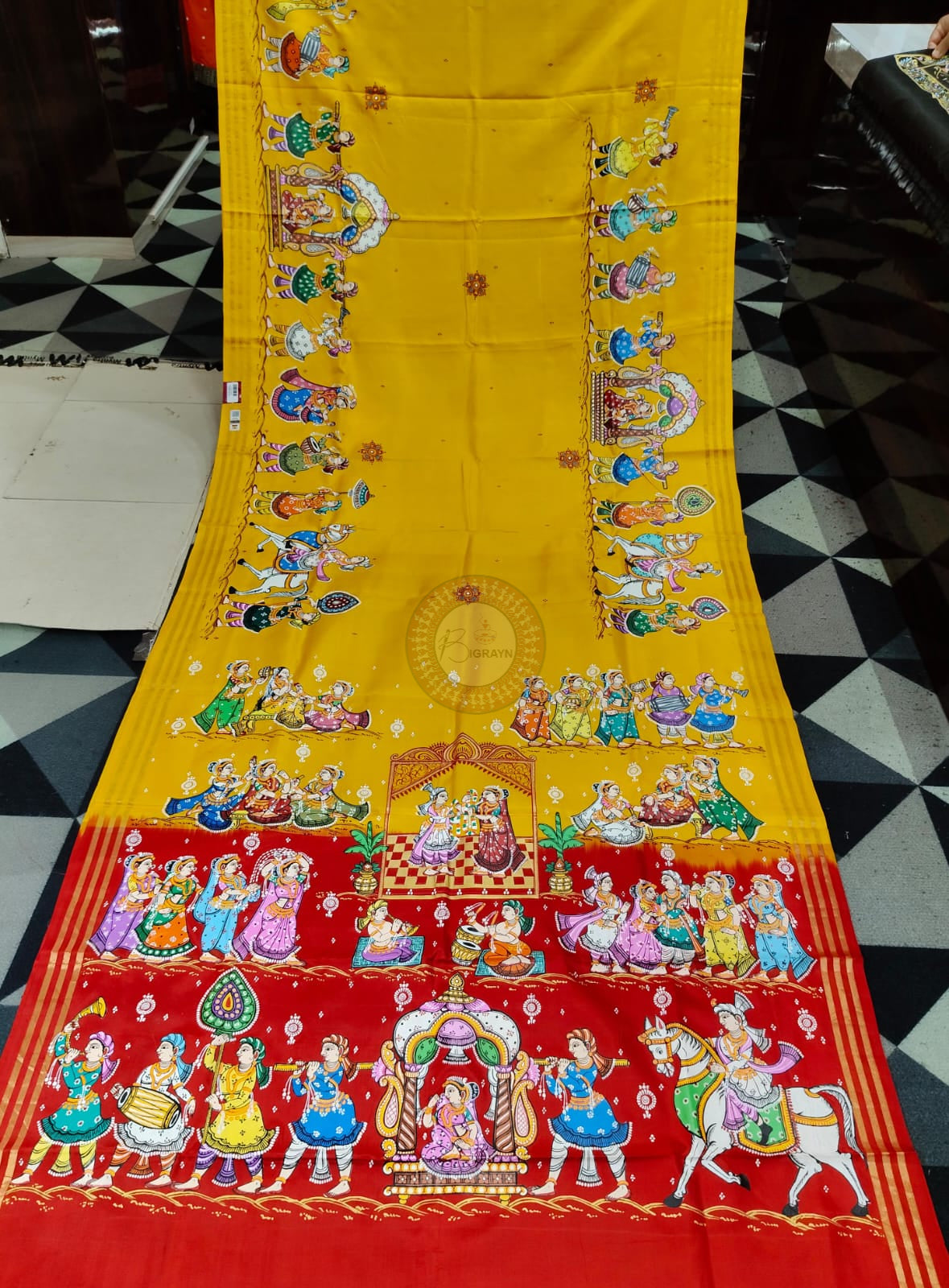 Yellow Red Marriage Theme Pattachitra Kanjeeveram Silk Saree