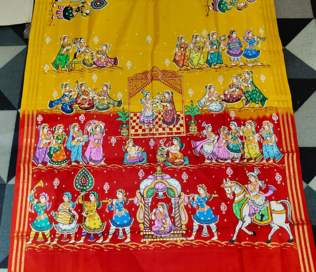 Yellow Red Marriage Theme Pattachitra Kanjeeveram Silk Saree