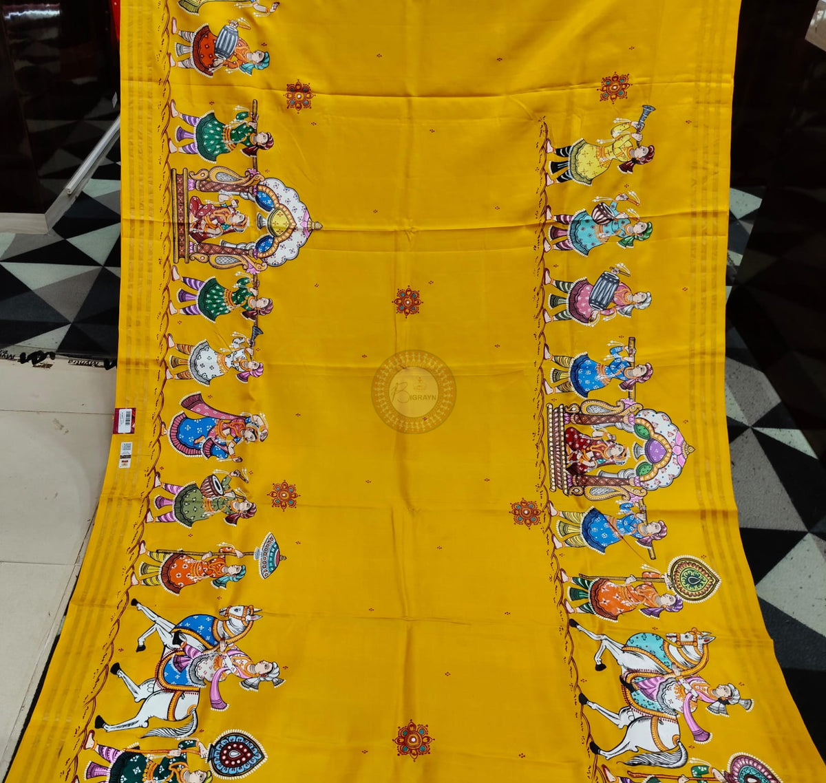 Yellow Red Marriage Theme Pattachitra Kanjeeveram Silk Saree