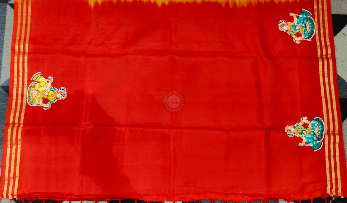 Yellow Red Marriage Theme Pattachitra Kanjeeveram Silk Saree