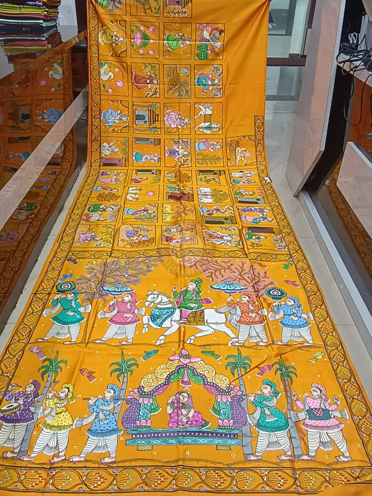 Yellow Small Box Marriage Theme Pattachitra Pure Silk Saree