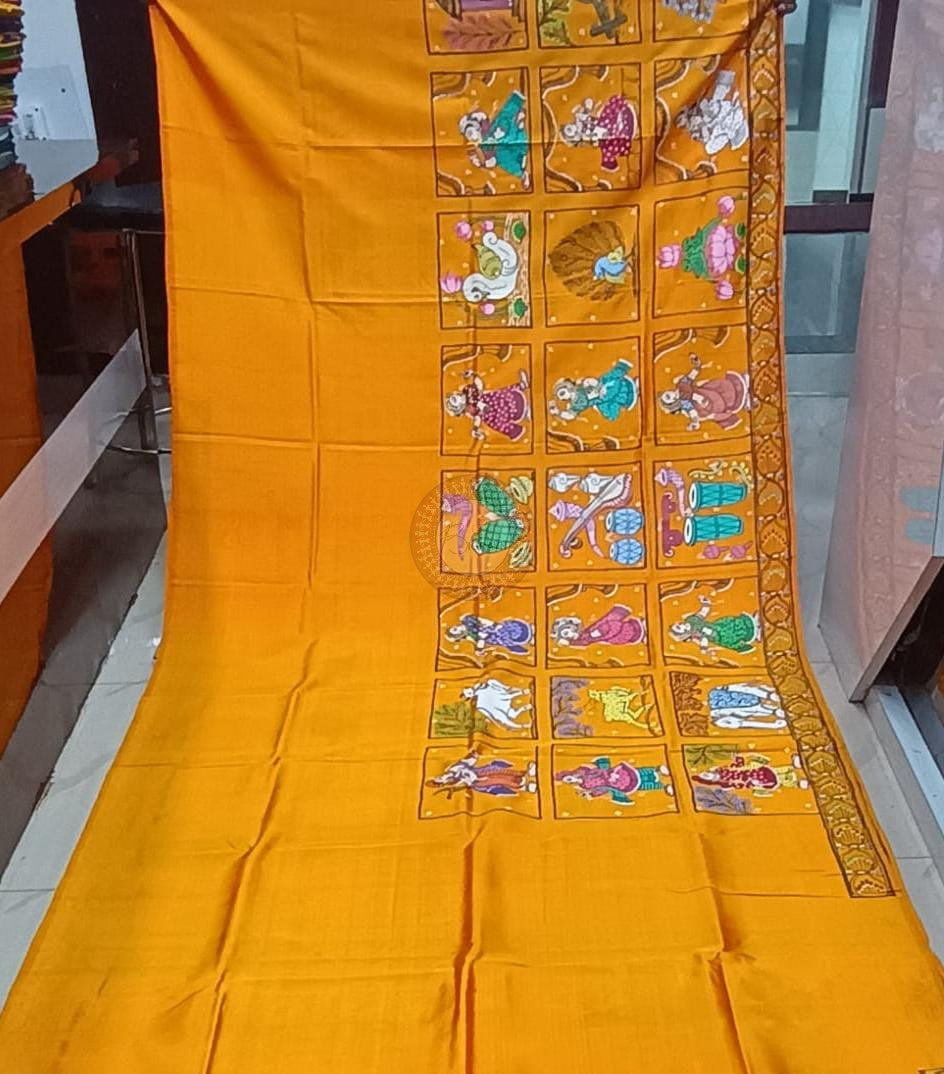 Yellow Small Box Marriage Theme Pattachitra Pure Silk Saree
