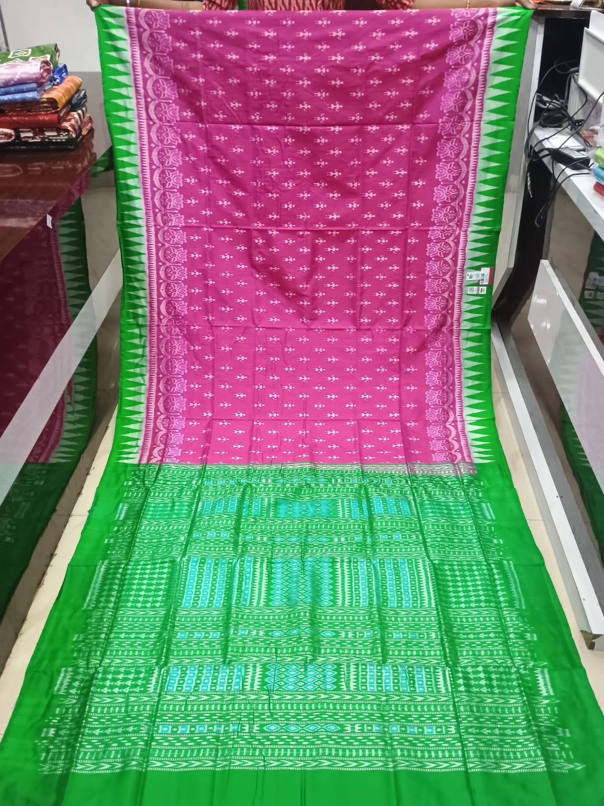 Rani Pink and Parrot Green Handwoven Sambalpuri Bomkai Silk Saree