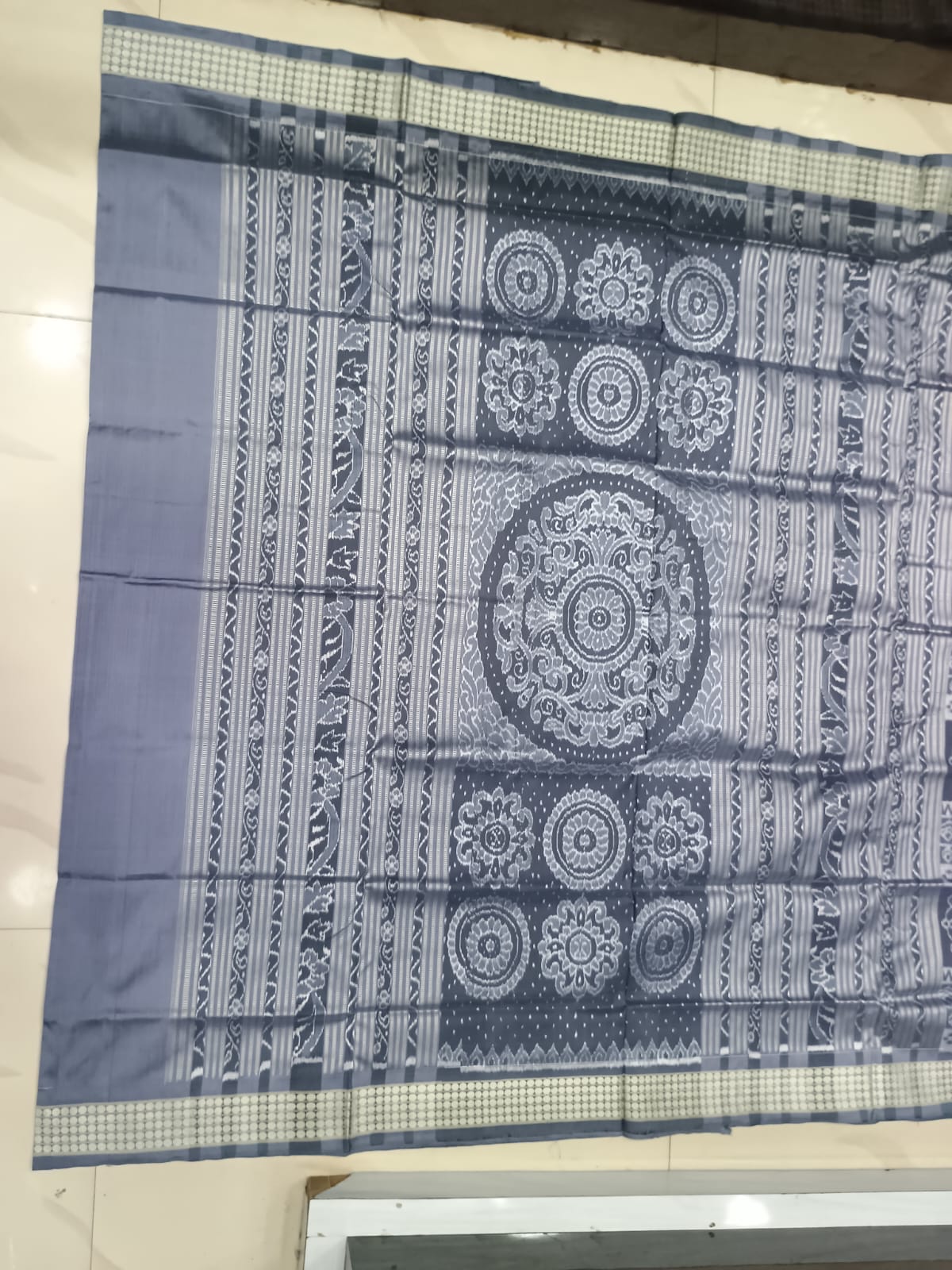 Slate Gray and Indigo Blue Handwoven Sambalpuri Vichitrapuri Half-Tissue Silk Saree