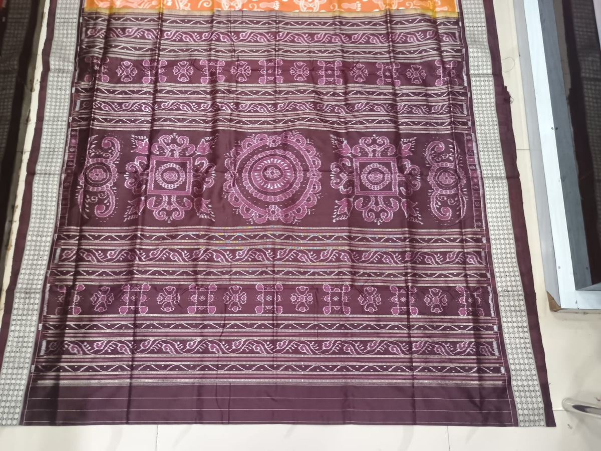 Mustard Yellow and Chocolate Brown Handwoven Sambalpuri Vichitrapuri Half-Tissue Silk Saree