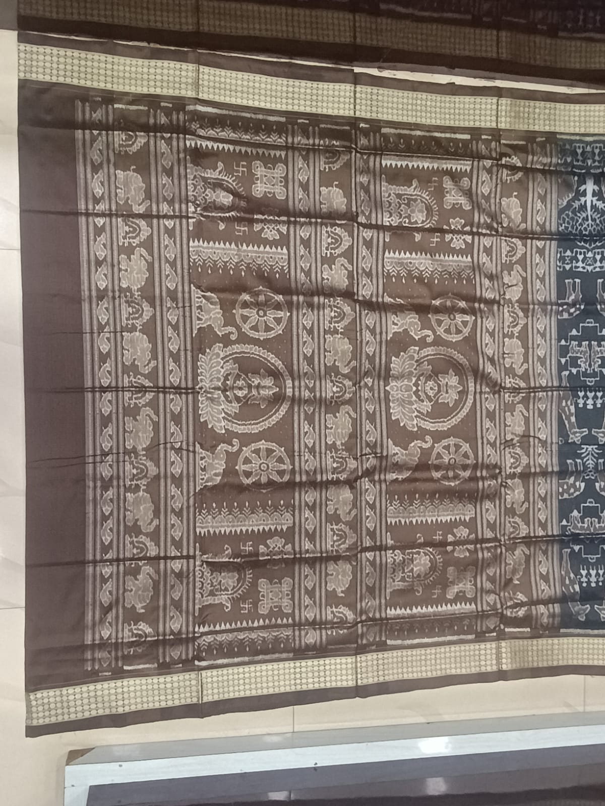 Charcoal Black and Bronze Brown Handwoven Harappan Script Sambalpuri Pure Silk Saree