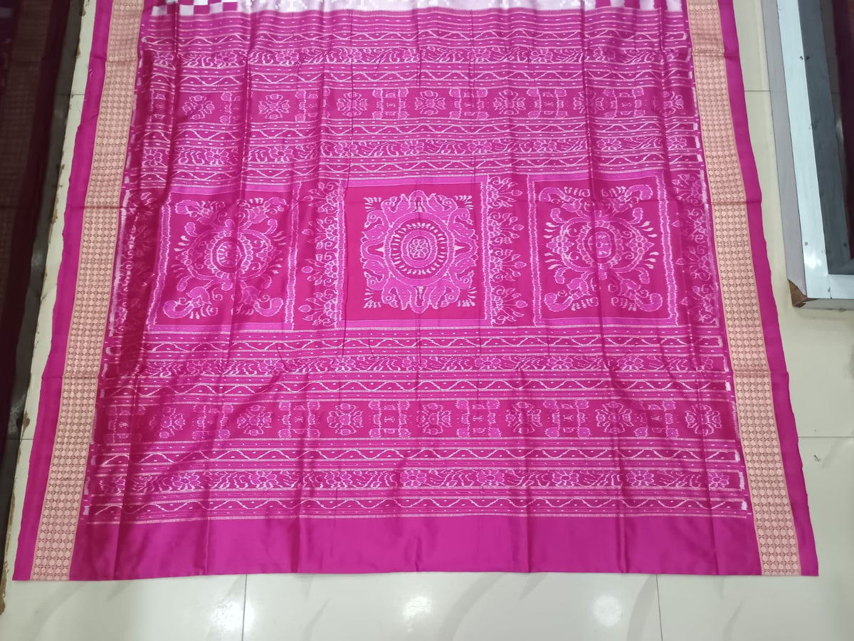Blush Pink and Rani Pink Handwoven Sambalpuri Vichitrapuri Half-Tissue Silk Saree