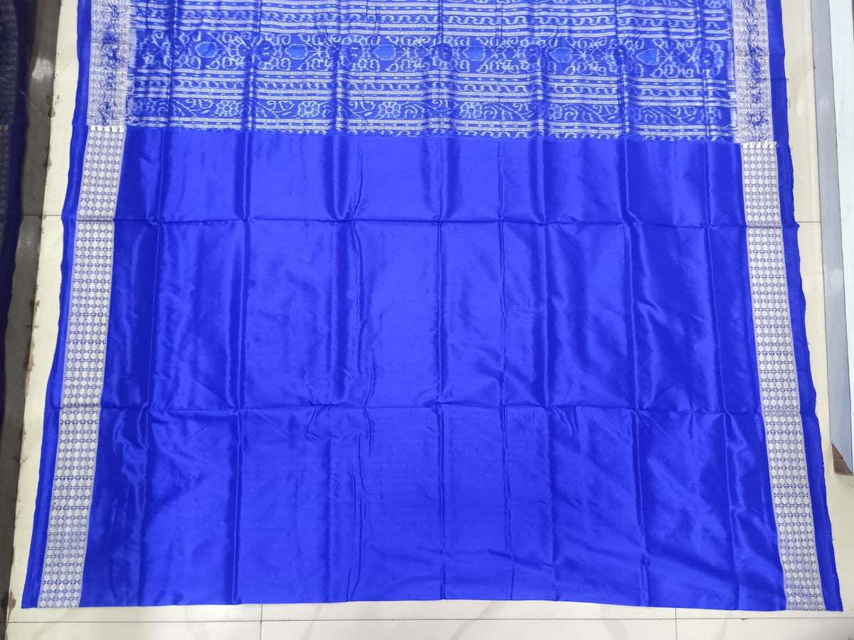 Mint Green and Cobalt Blue Handwoven Sambalpuri Vichitrapuri Half-Tissue Silk Saree