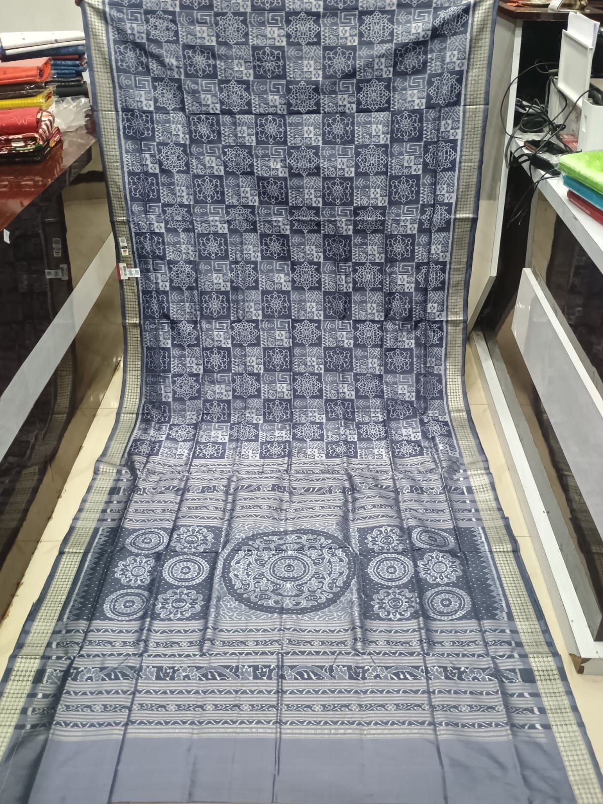 Slate Gray and Indigo Blue Handwoven Sambalpuri Vichitrapuri Half-Tissue Silk Saree