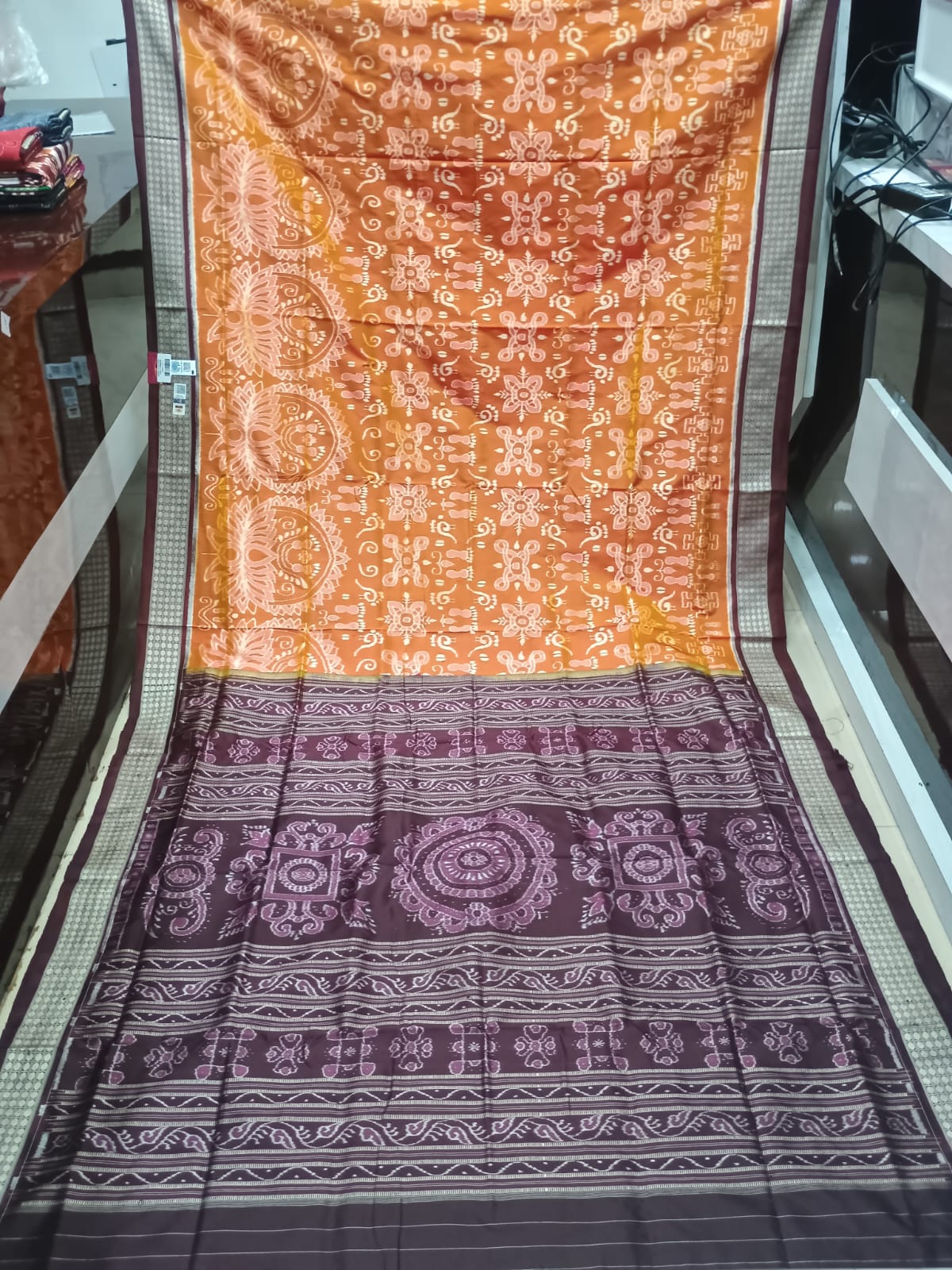 Mustard Yellow and Chocolate Brown Handwoven Sambalpuri Vichitrapuri Half-Tissue Silk Saree