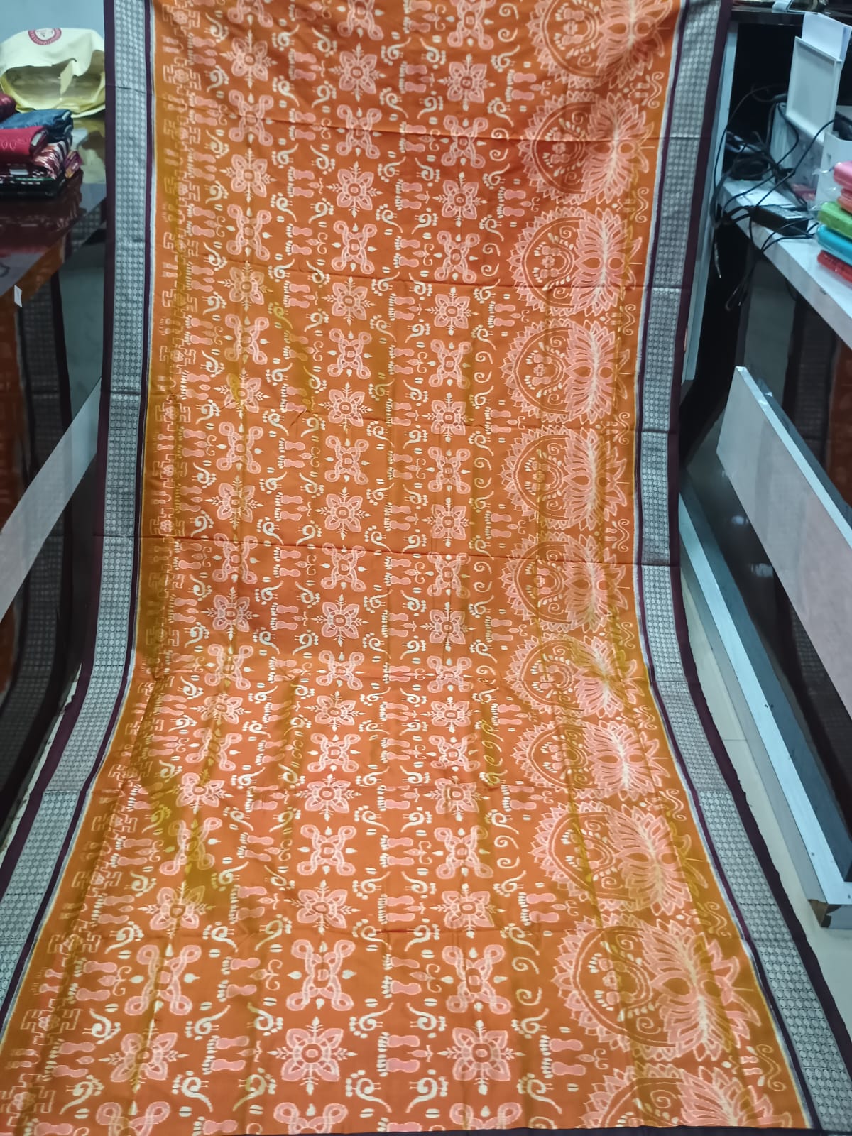 Mustard Yellow and Chocolate Brown Handwoven Sambalpuri Vichitrapuri Half-Tissue Silk Saree