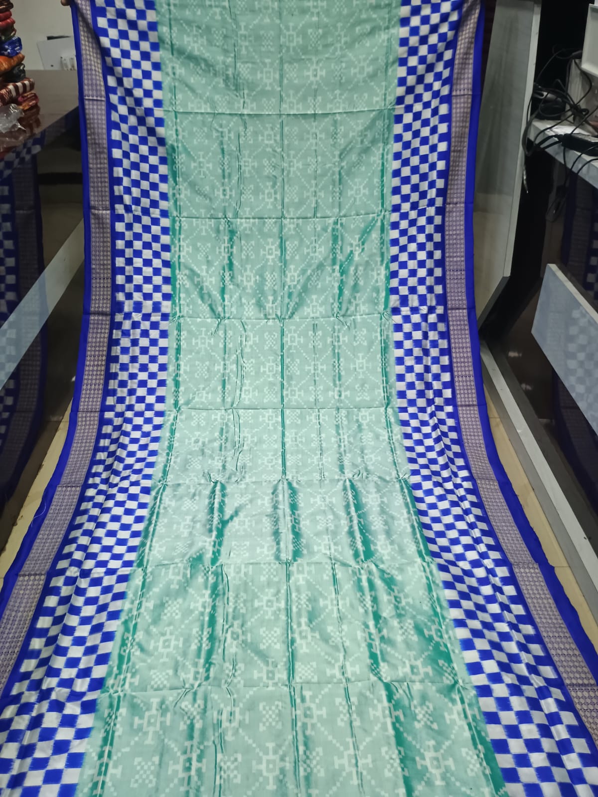 Mint Green and Cobalt Blue Handwoven Sambalpuri Vichitrapuri Half-Tissue Silk Saree