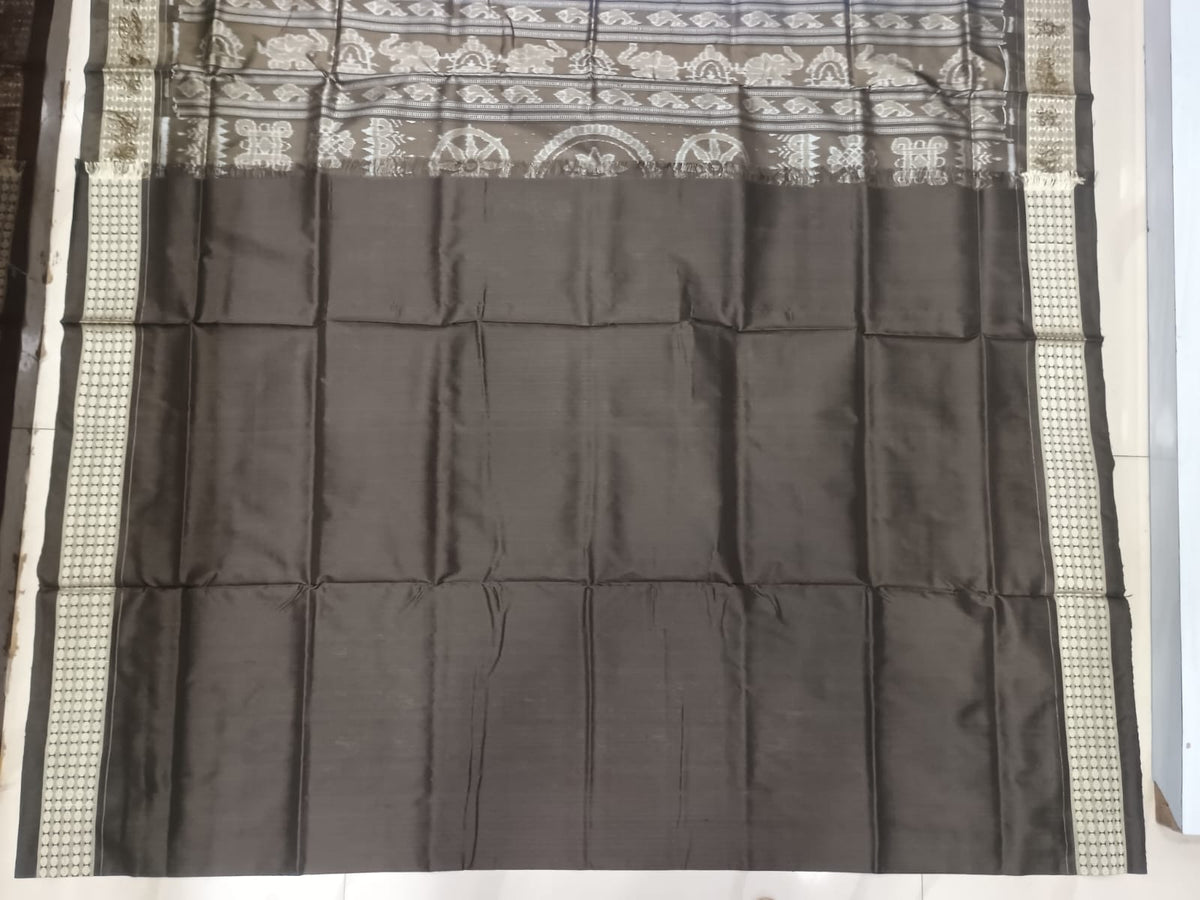 Charcoal Black and Bronze Brown Handwoven Harappan Script Sambalpuri Pure Silk Saree