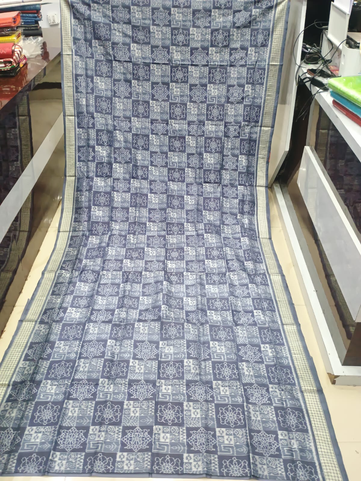 Slate Gray and Indigo Blue Handwoven Sambalpuri Vichitrapuri Half-Tissue Silk Saree