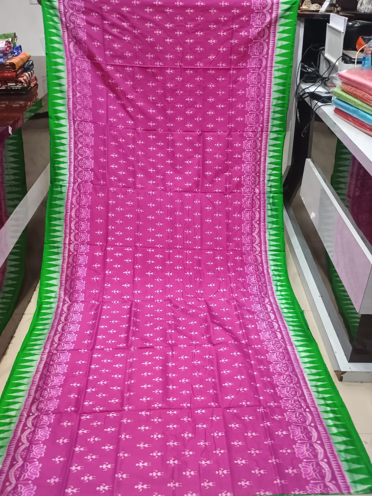 Rani Pink and Parrot Green Handwoven Sambalpuri Bomkai Silk Saree