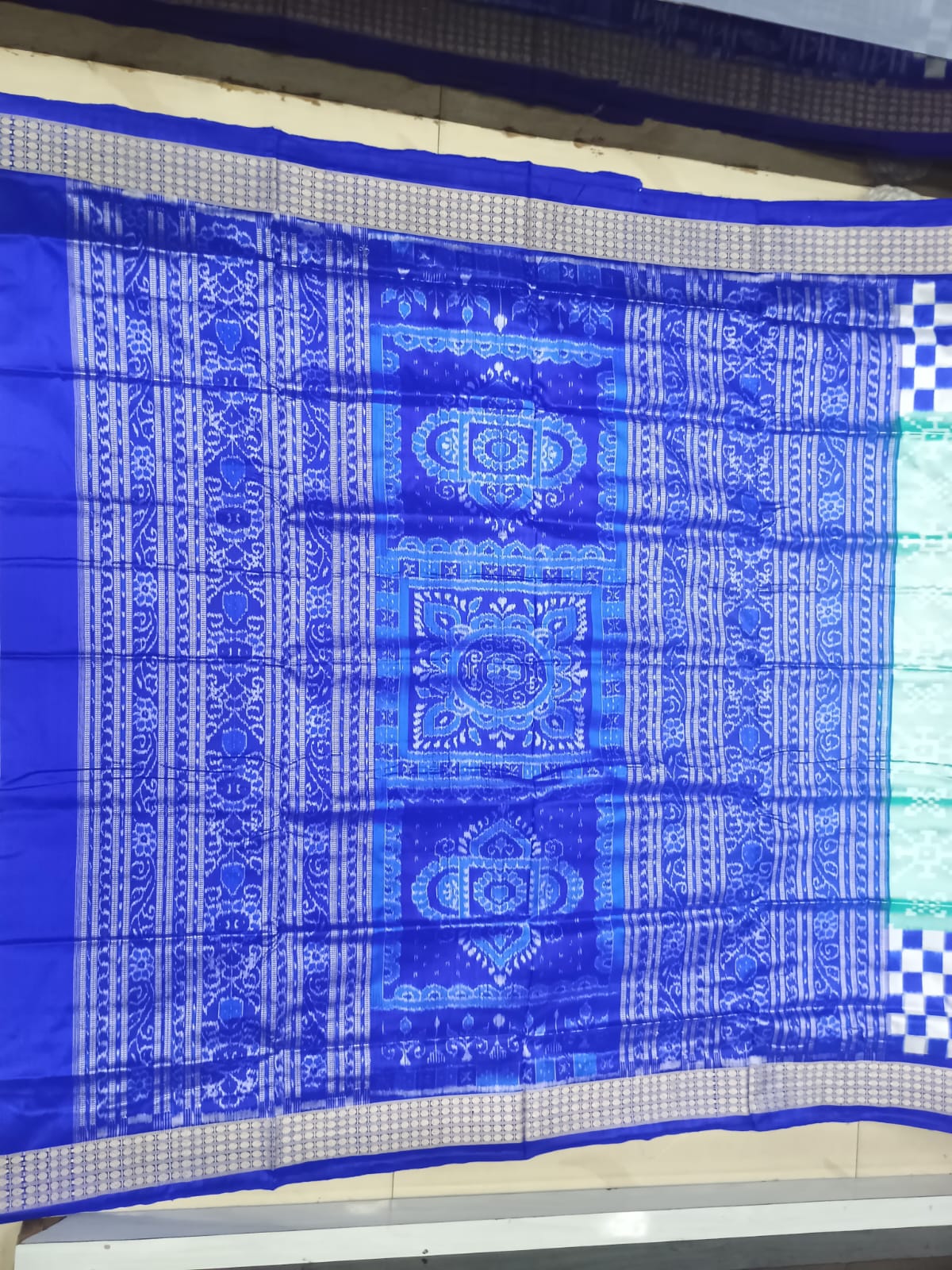Mint Green and Cobalt Blue Handwoven Sambalpuri Vichitrapuri Half-Tissue Silk Saree