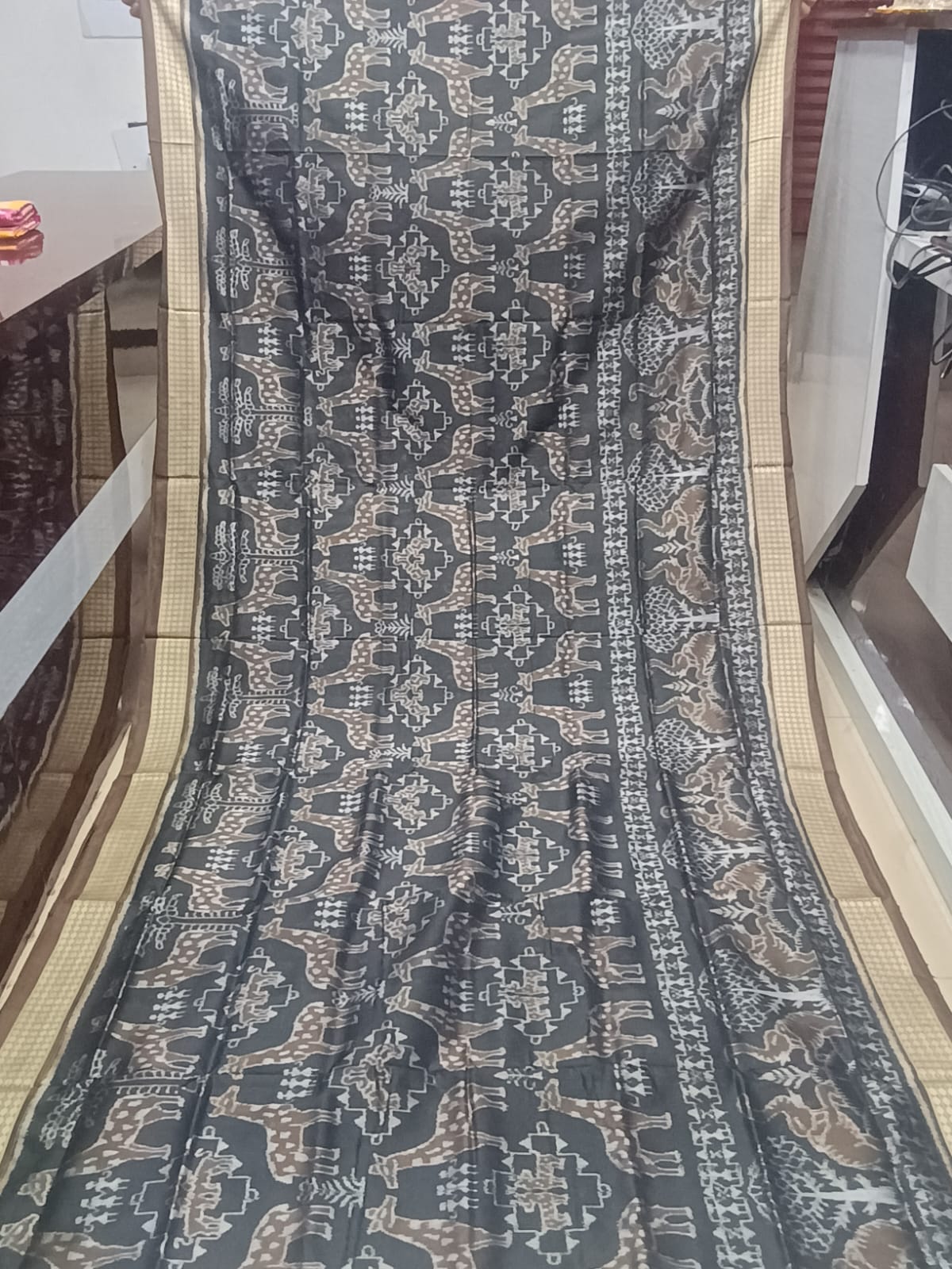 Charcoal Black and Bronze Brown Handwoven Harappan Script Sambalpuri Pure Silk Saree