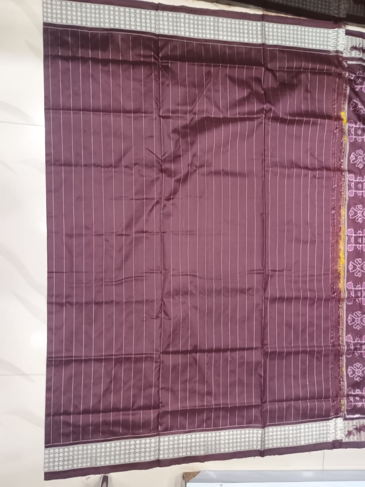 Mustard Yellow and Chocolate Brown Handwoven Sambalpuri Vichitrapuri Half-Tissue Silk Saree