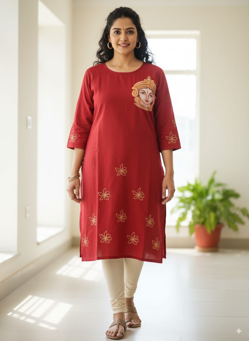 Red Durga Face Theme Hand Painted Pattachitra Kurti