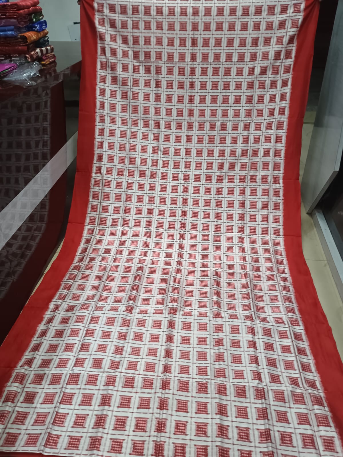 Off-White and Crimson Red Handwoven Sambalpuri Vichitrapuri Bomkai Silk Saree