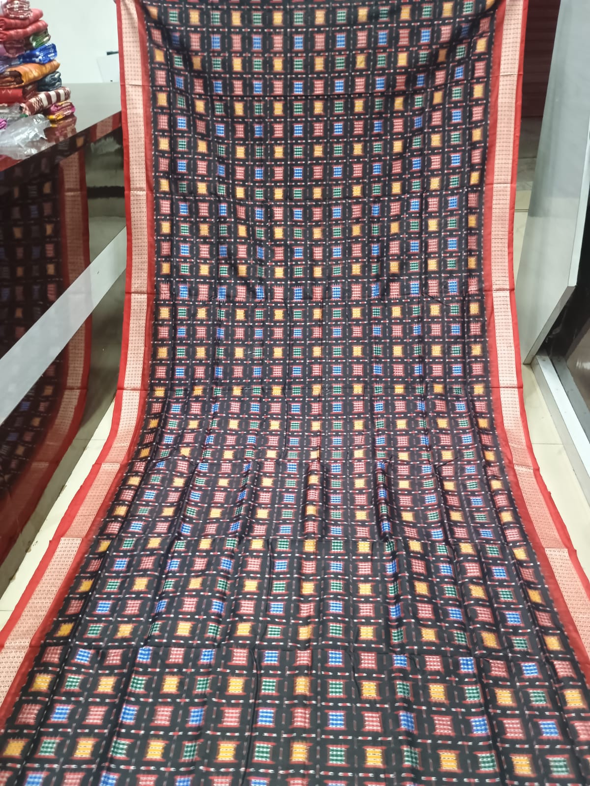 Jet Black and Crimson Red Handwoven Sambalpuri Nabakothi Bomkai Silk Saree