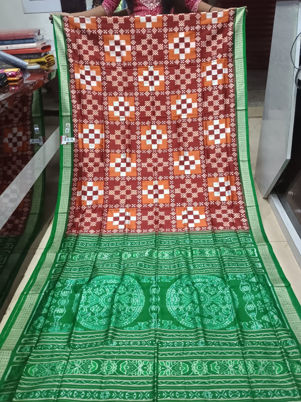 Brick Red and Parrot Green Handwoven Sambalpuri Vichitrapuri Bomkai Silk Saree