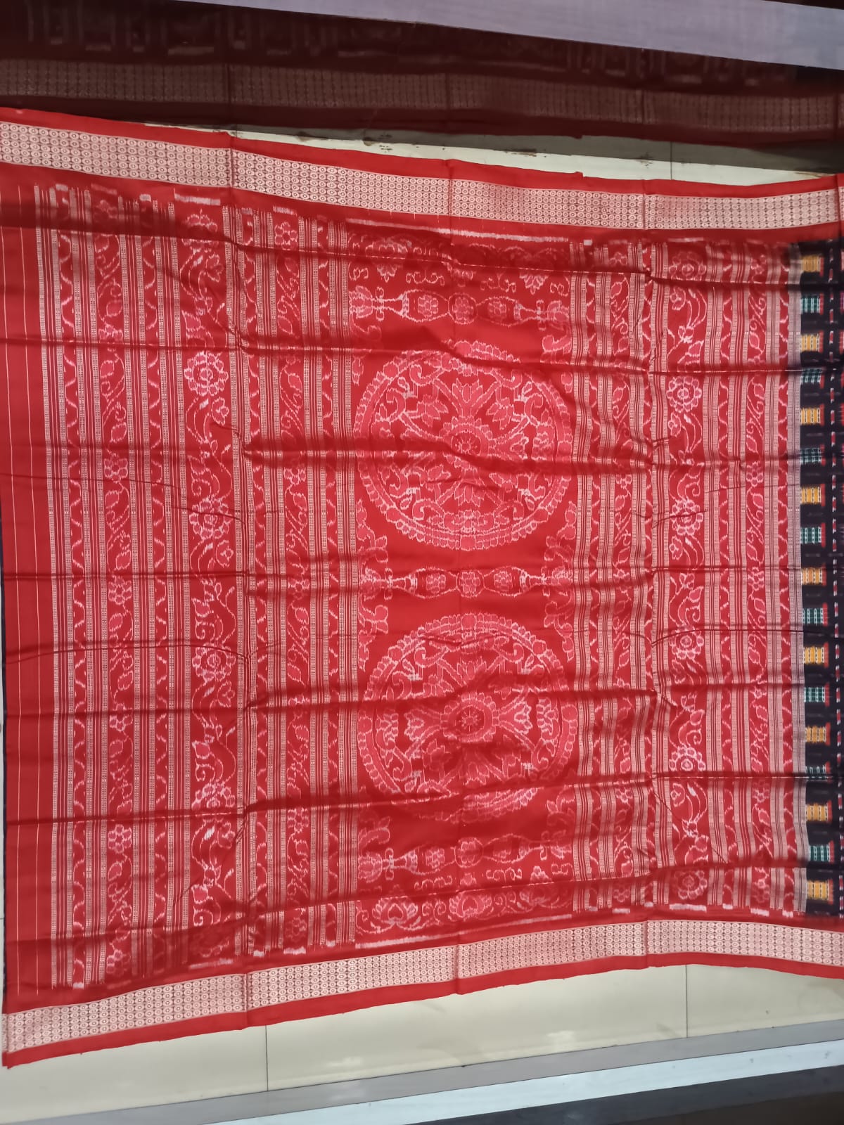 Jet Black and Crimson Red Handwoven Sambalpuri Nabakothi Bomkai Silk Saree