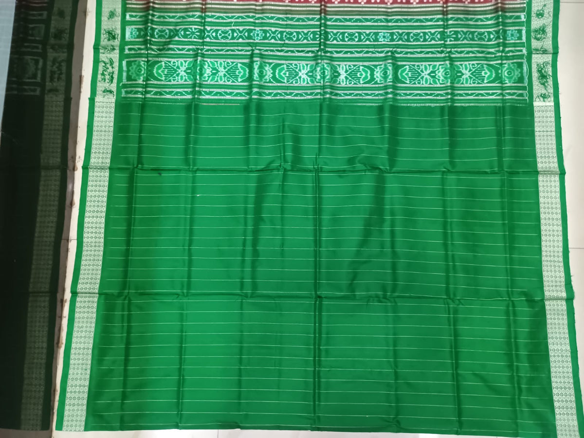Brick Red and Parrot Green Handwoven Sambalpuri Vichitrapuri Bomkai Silk Saree