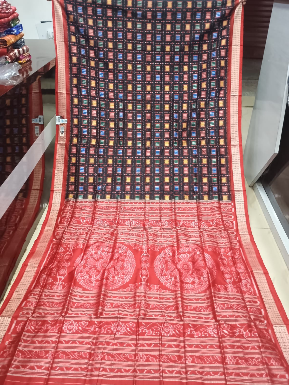 Jet Black and Crimson Red Handwoven Sambalpuri Nabakothi Bomkai Silk Saree