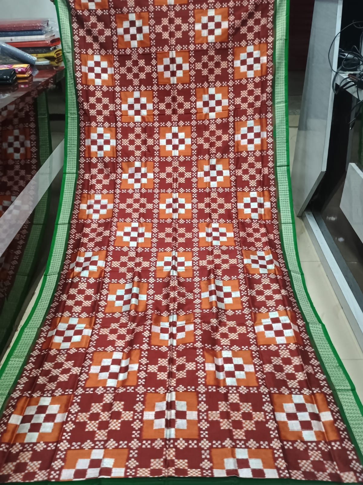 Brick Red and Parrot Green Handwoven Sambalpuri Vichitrapuri Bomkai Silk Saree