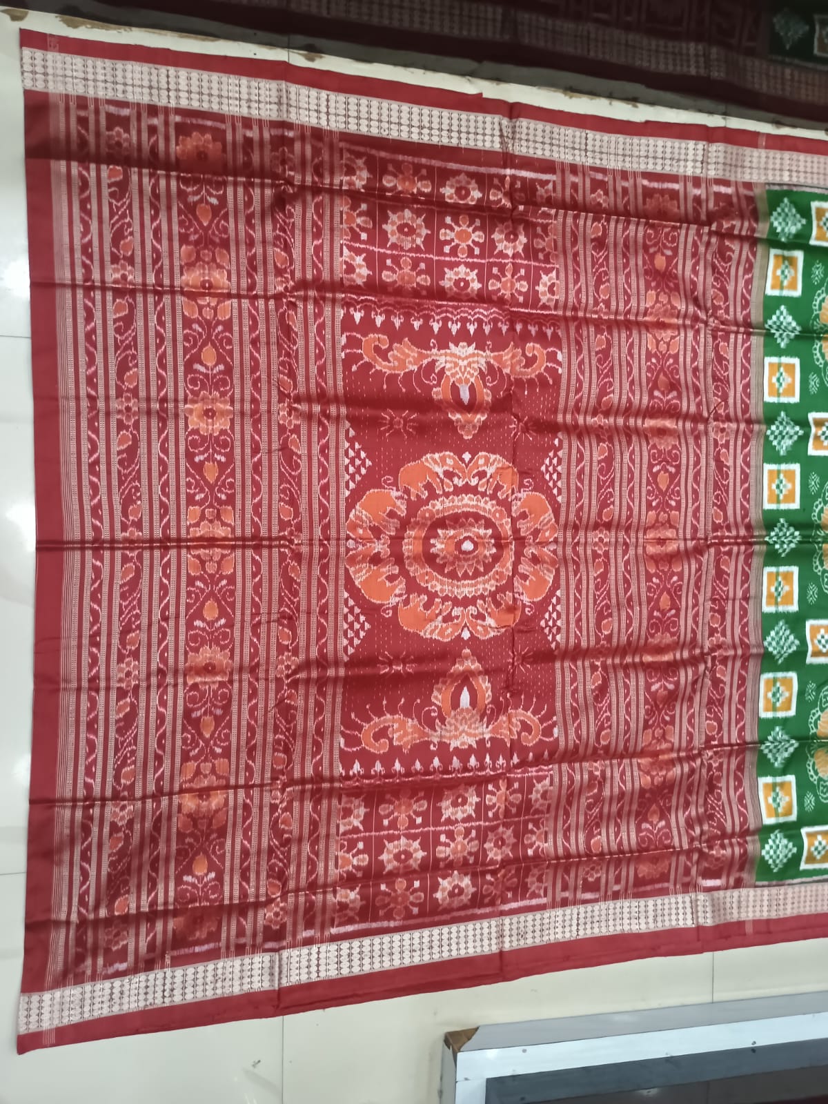 Parrot Green and Brick Red Handwoven Sambalpuri Vichitrapuri Half-Tissue Silk Saree
