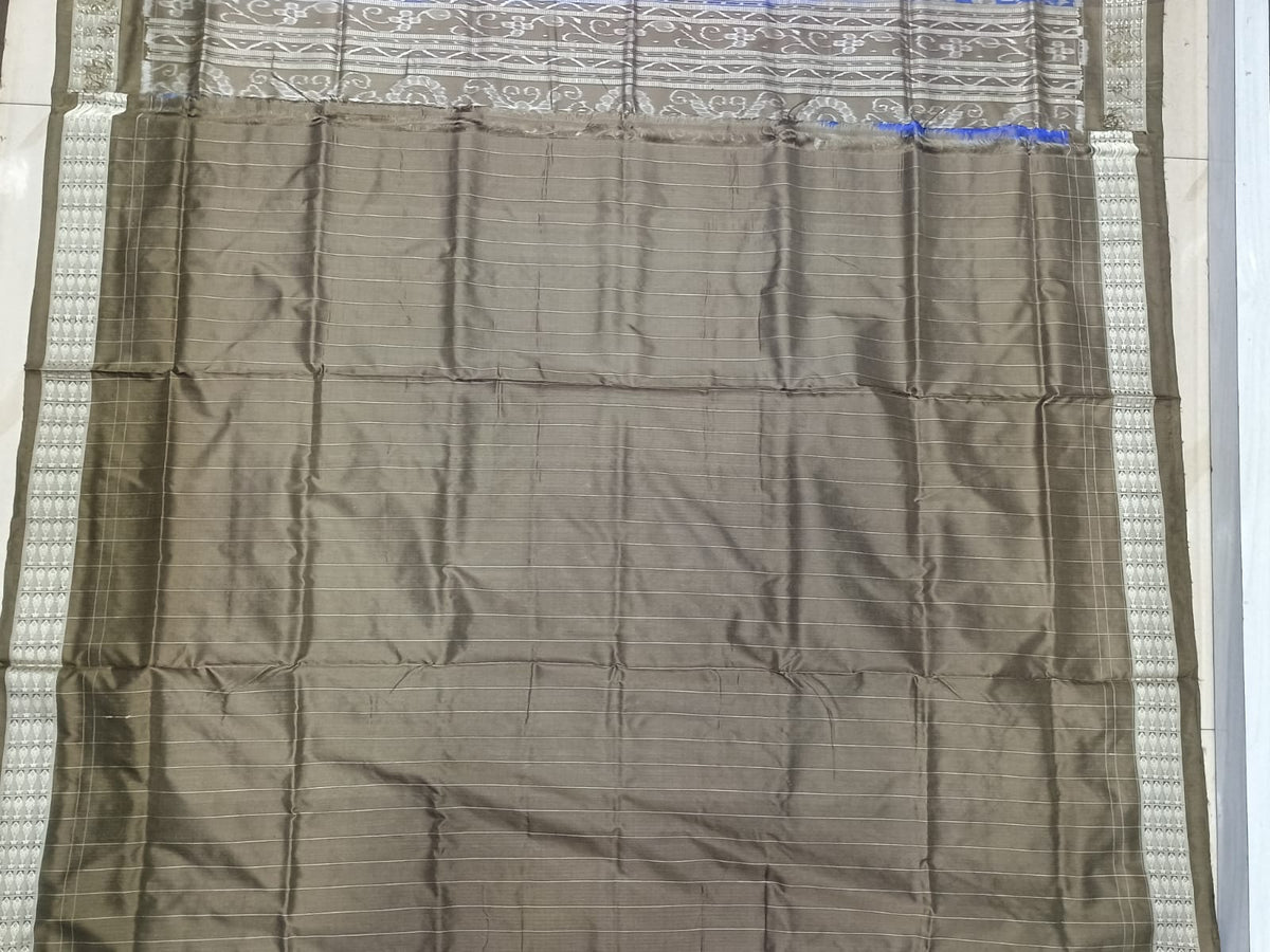 Royal Blue and Antique Bronze Handwoven Sambalpuri Bomkai Silk Saree with Wildlife Motifs