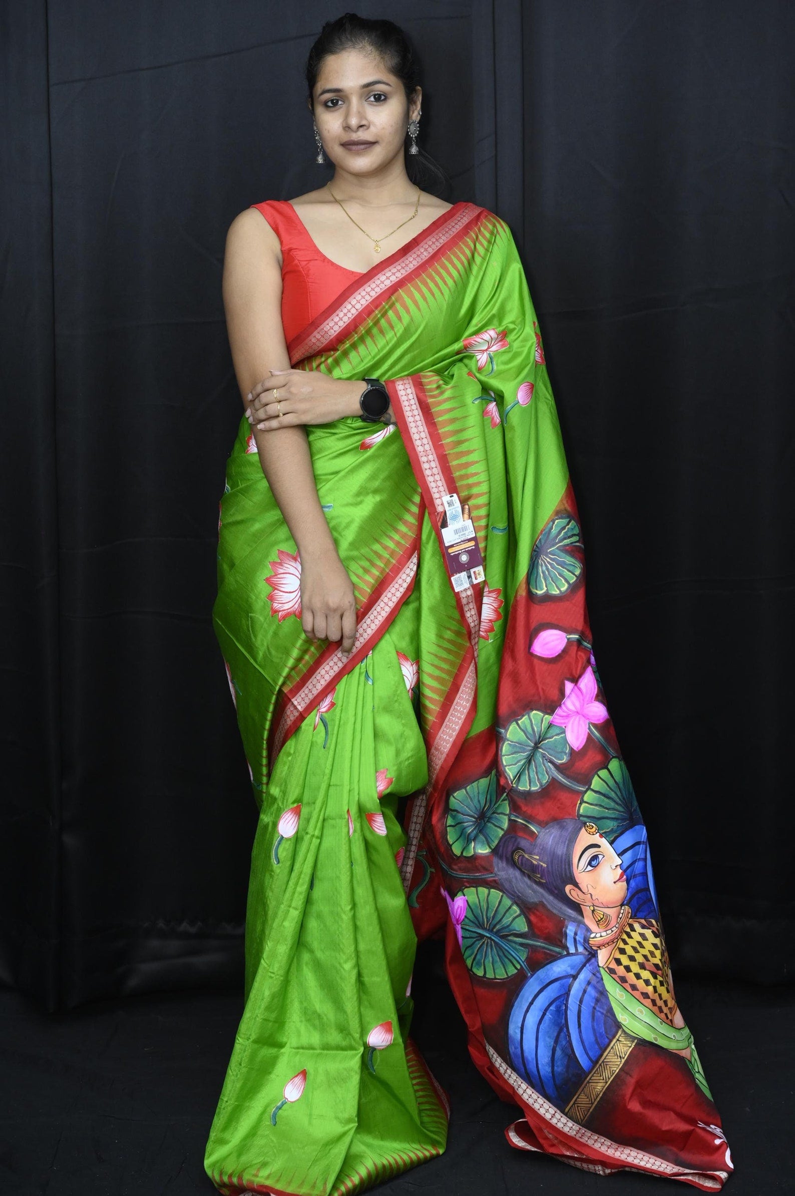 Green Red Women Jhoti Pattachitra Sambalpuri Silk Saree