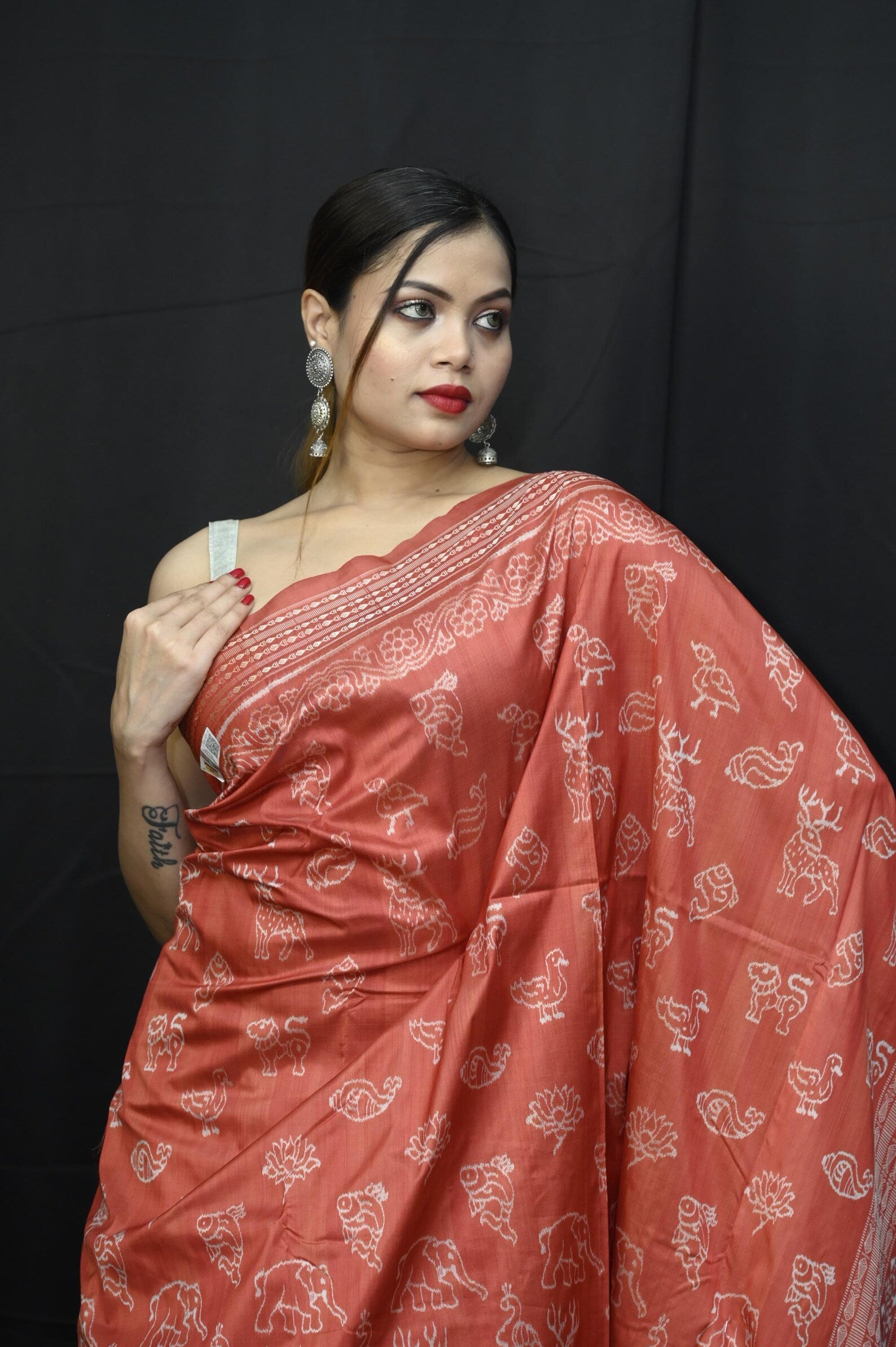 Red Animals Sambalpuri Natural dye Silk Saree