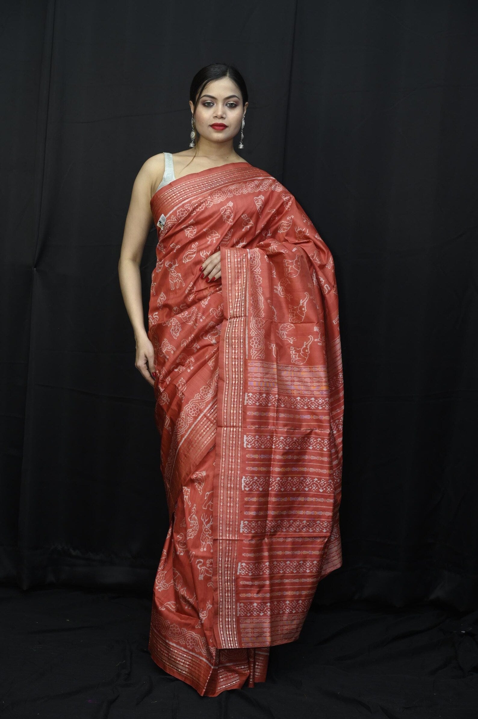 Red Animals Sambalpuri Natural dye Silk Saree