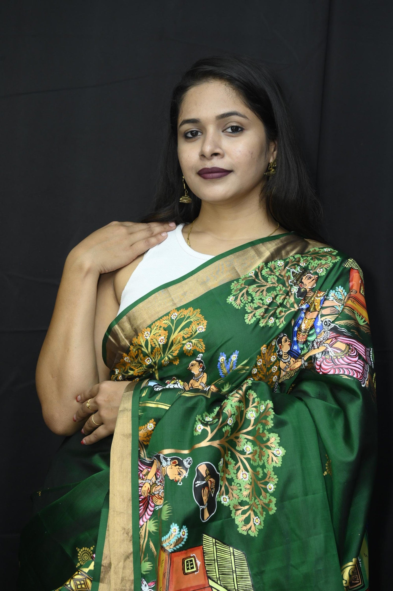 Green Sakuntala Dushmanta Theme Handpainted Pattachitra Kanjeevaram Silk Saree