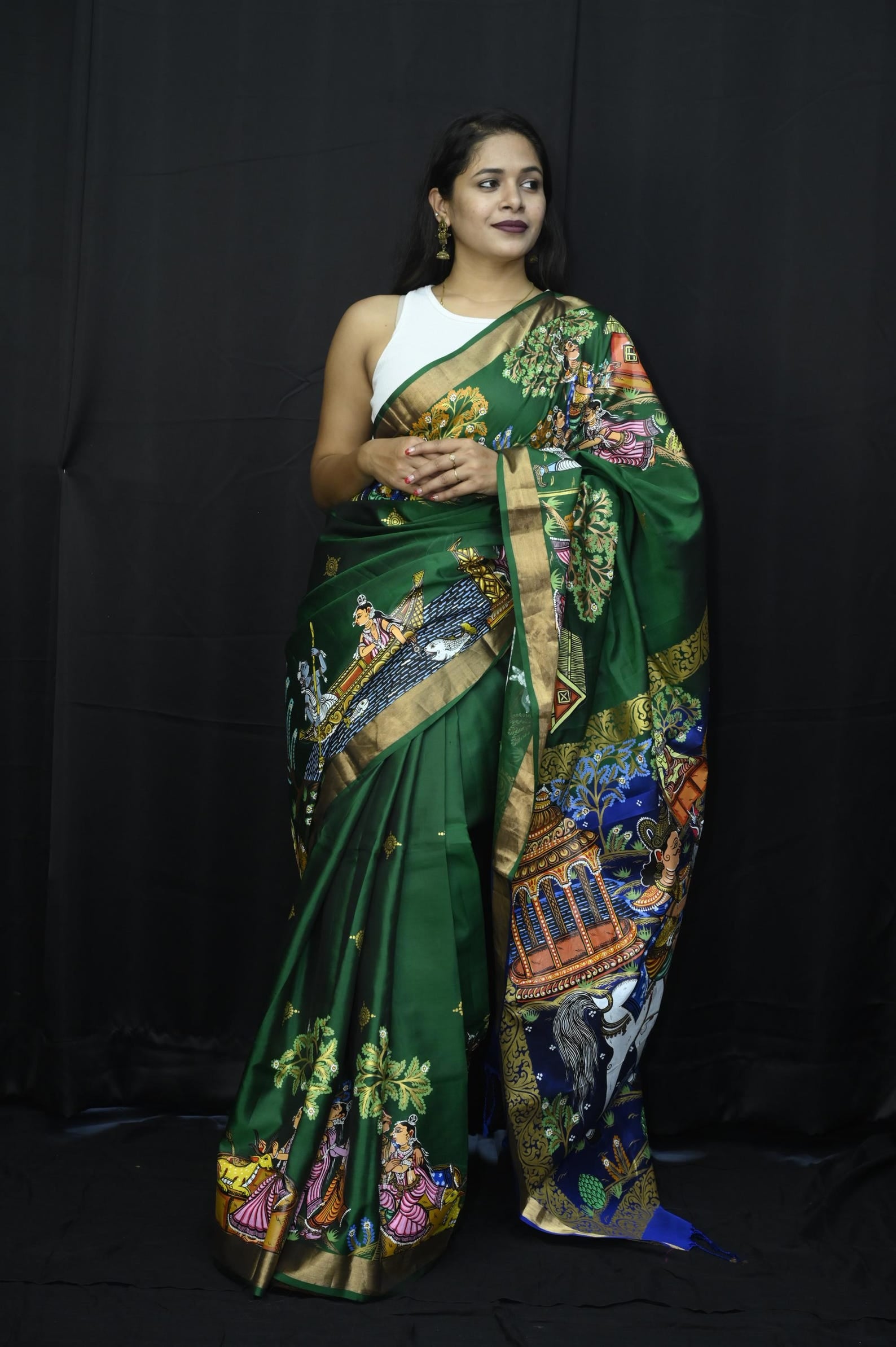 Green Sakuntala Dushmanta Theme Handpainted Pattachitra Kanjeevaram Silk Saree