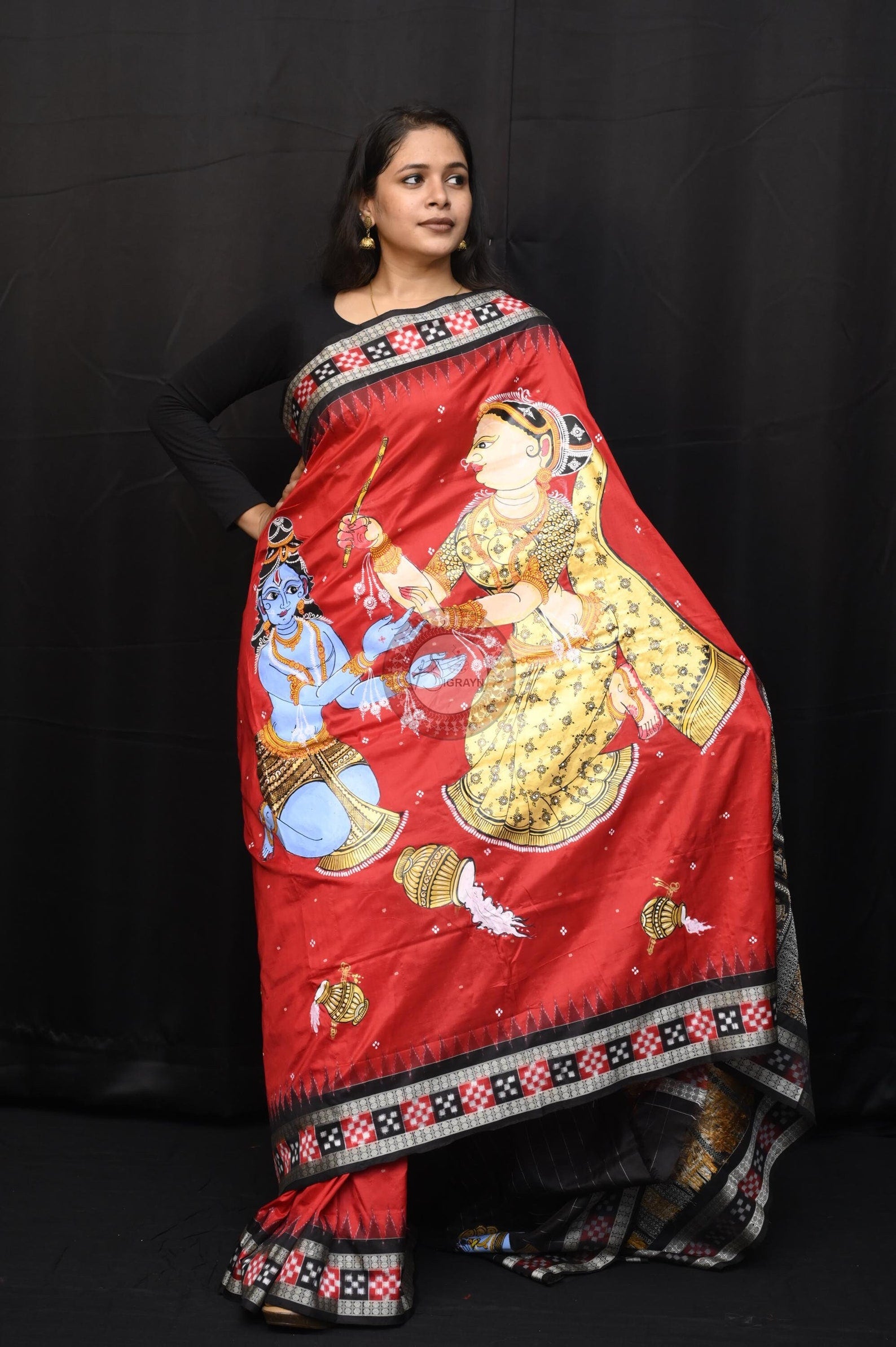 Red Black Nat Khat Kanha Theme Pattachitra Sambalpuri Silk Saree